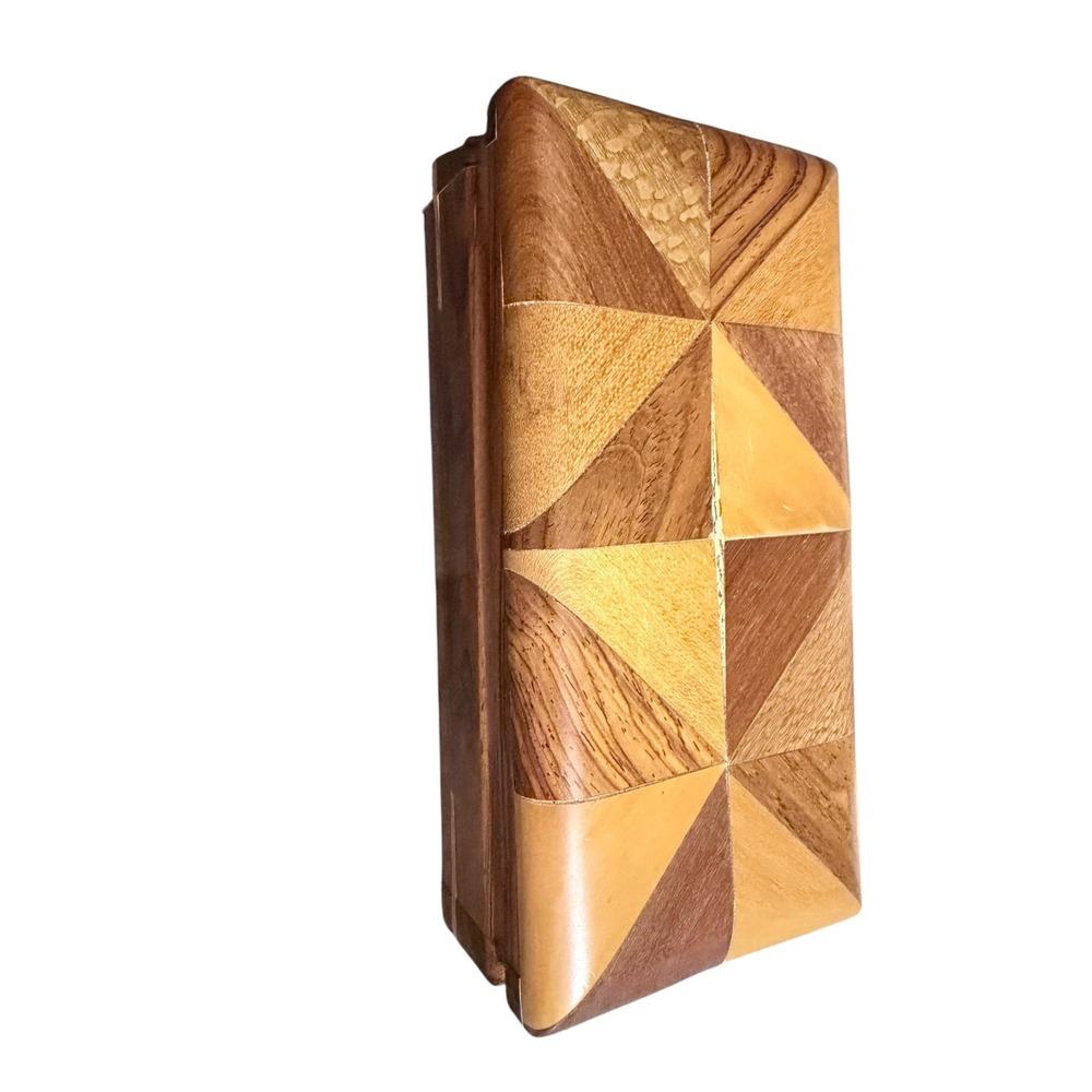 Boho  Marquetry Wood Inlay Trinket Box Brown Geometric Parquetry‎ Lined